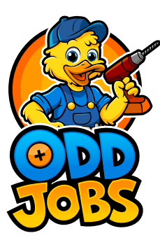 Odd Jobs logo with mascot duck in overalls holding a drill