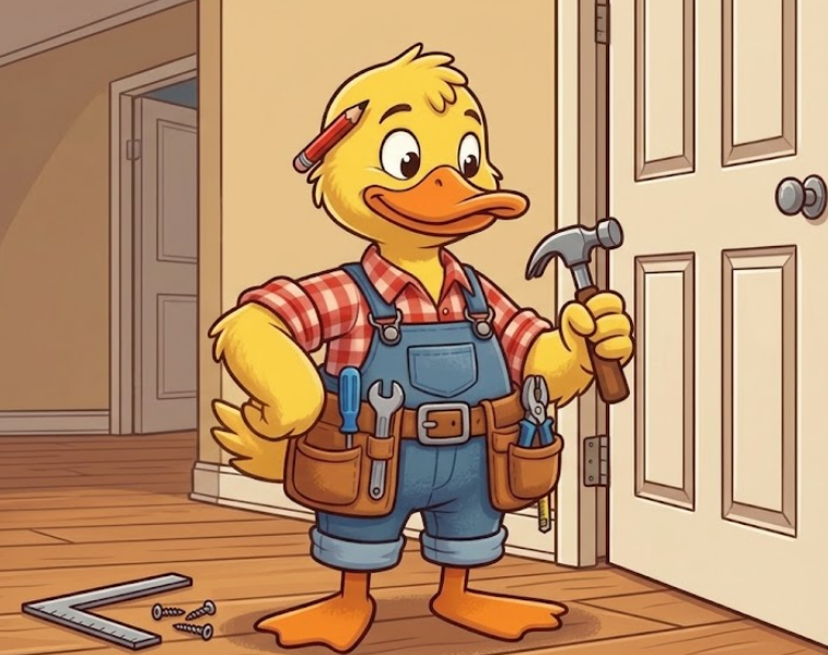 Cartoon duck handyman in overalls holding a hammer